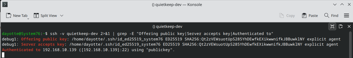 Terminal showing SSH key-based login