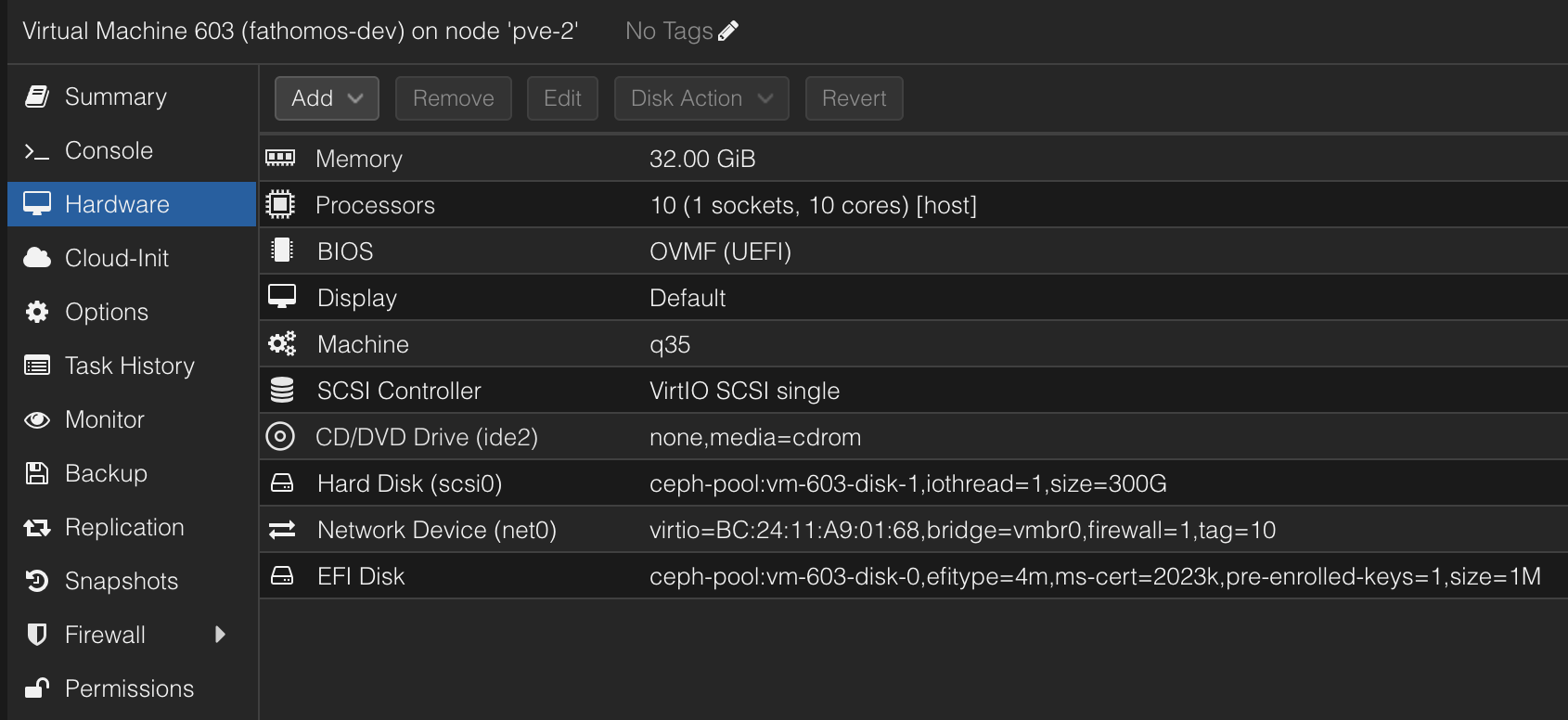 fathomos-dev VM hardware as configured in Proxmox.