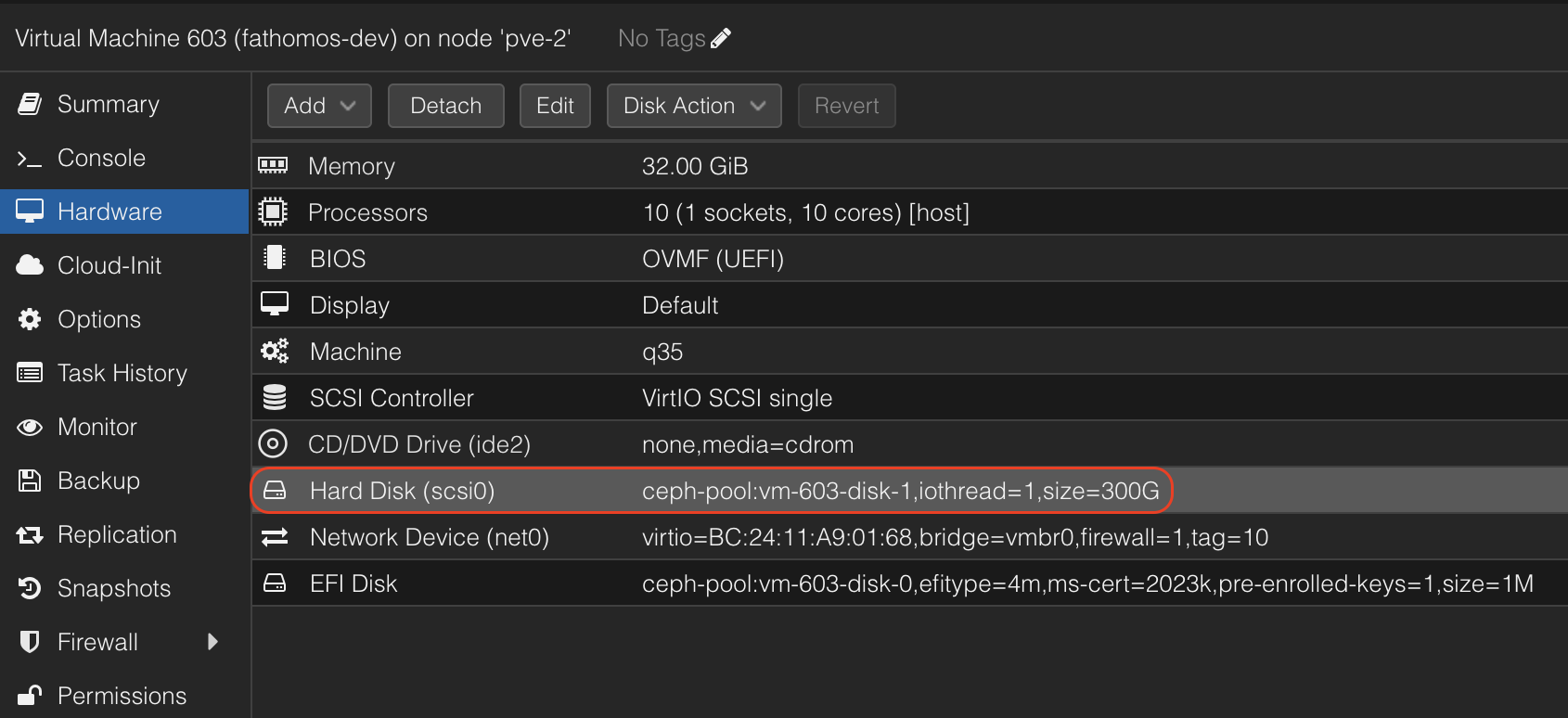 fathomos-dev virtual disk as configured in Proxmox.