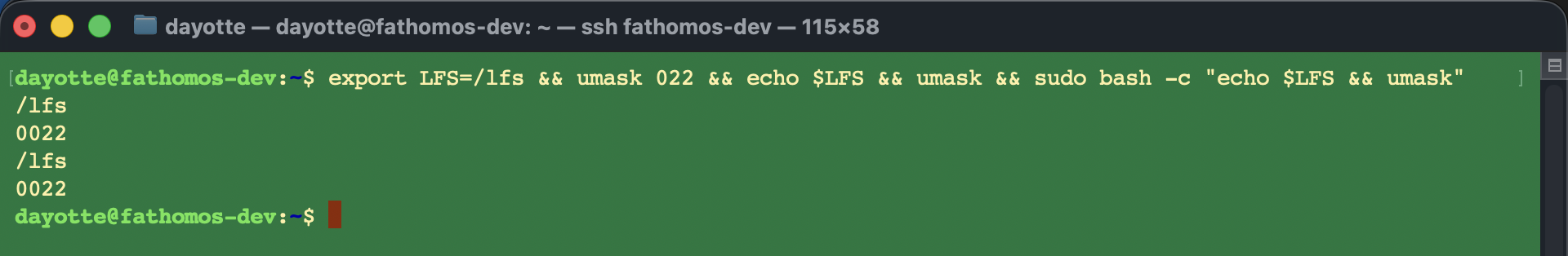 $LFS and umask confirmed for both dayotte and root.