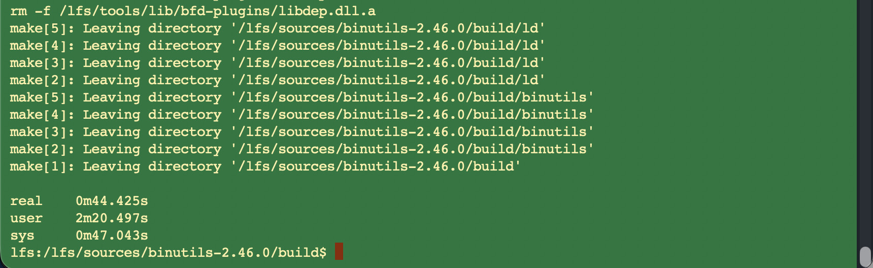 Binutils Pass 1 complete. SBU baseline established at 44 seconds.