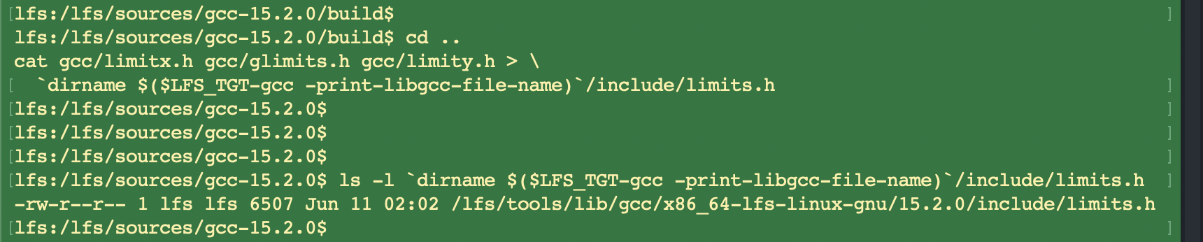 GCC Pass 1 complete. Full internal limits.h header created.