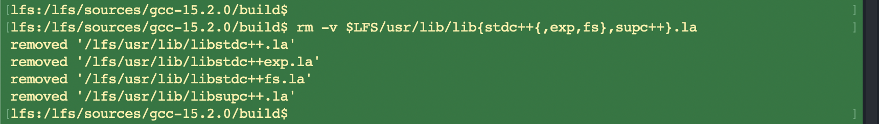 Libstdc++ installed and libtool archives removed. Chapter 5 complete.