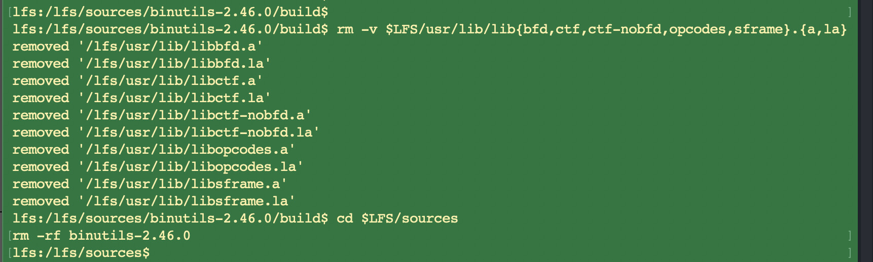 Binutils Pass 2 installed, libtool archives and static libraries removed.