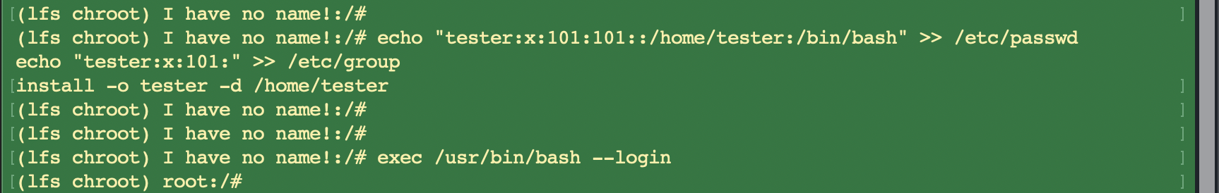 With passwd and group created, the prompt resolves from "I have no name!" to root.