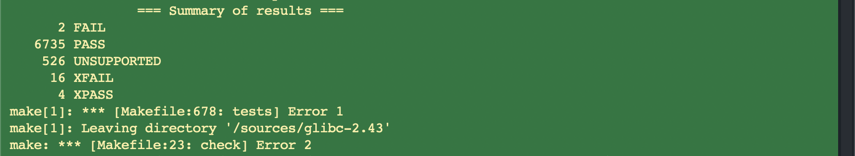 The critical Glibc test suite. 6735 pass, 2 documented failures, both on the book's safe list.