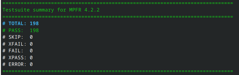 MPFR test suite. All 198 tests passed.