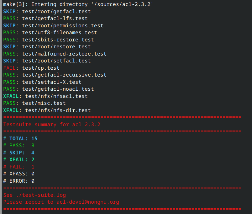 Acl test suite. The single cp.test failure is the documented one, resolved later when Coreutils is rebuilt.
