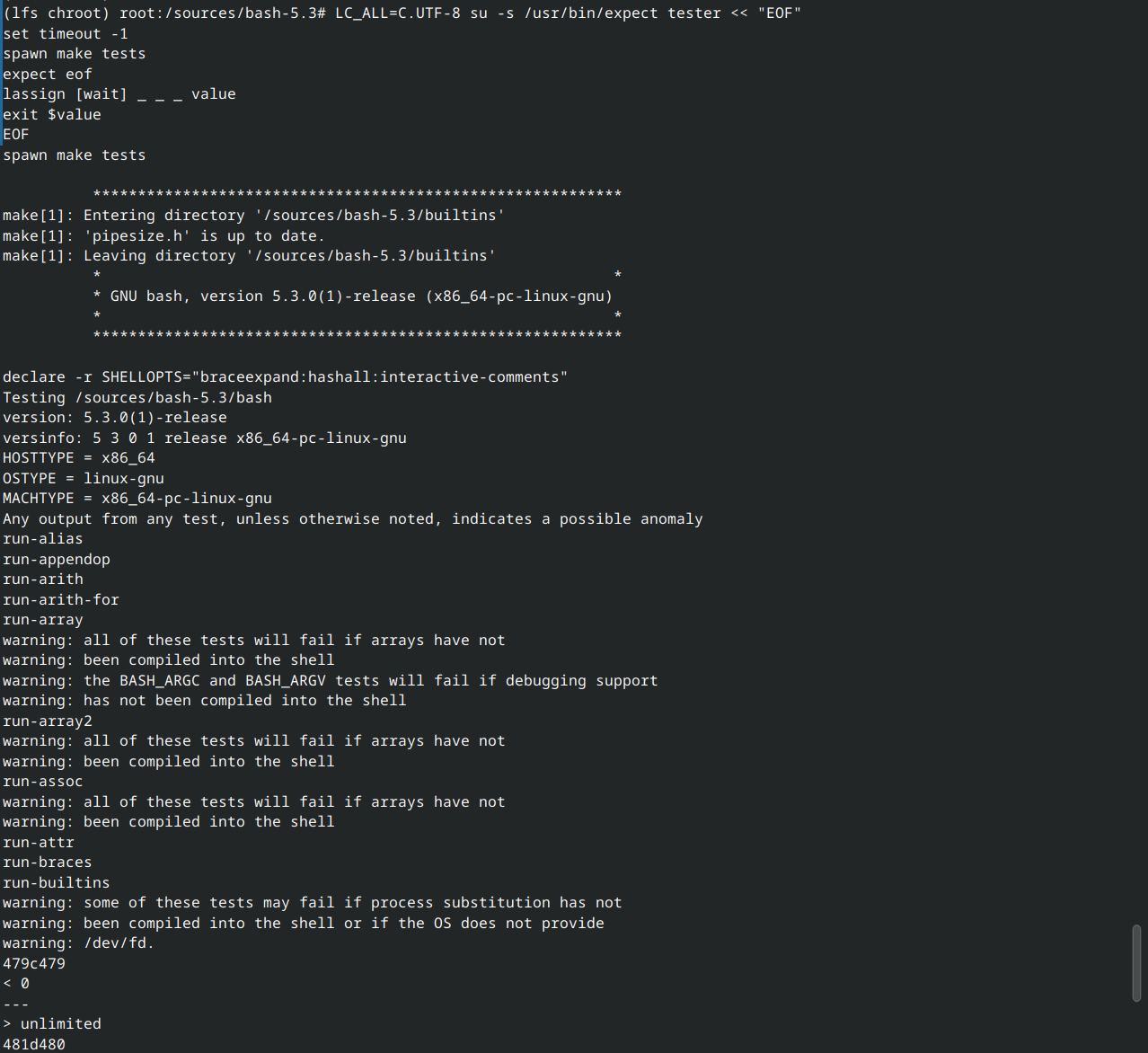 The Bash test suite running in an Expect-spawned pseudo terminal. The 479/480 diff is the documented run-builtins failure.