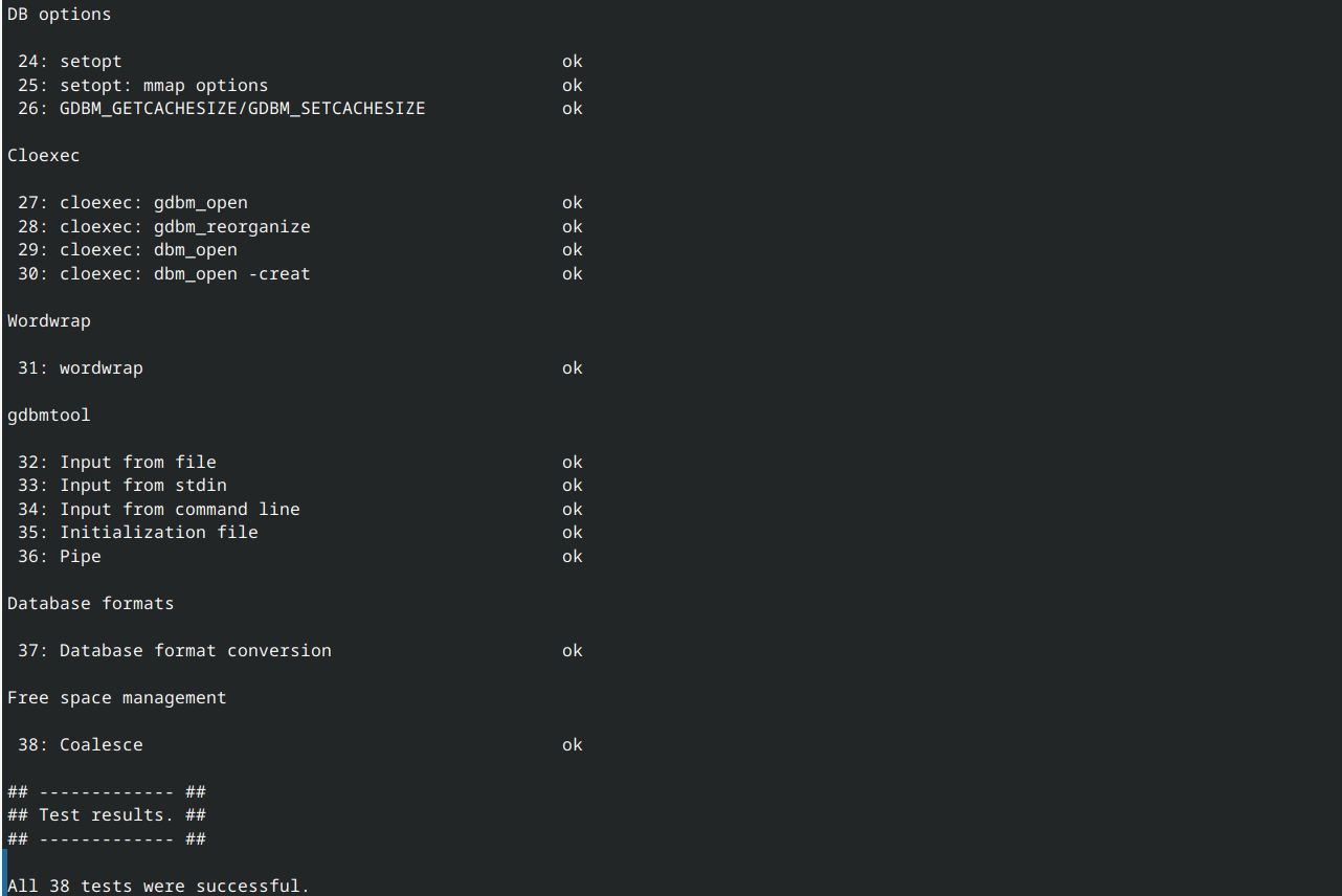 GDBM test suite. All 38 tests successful.