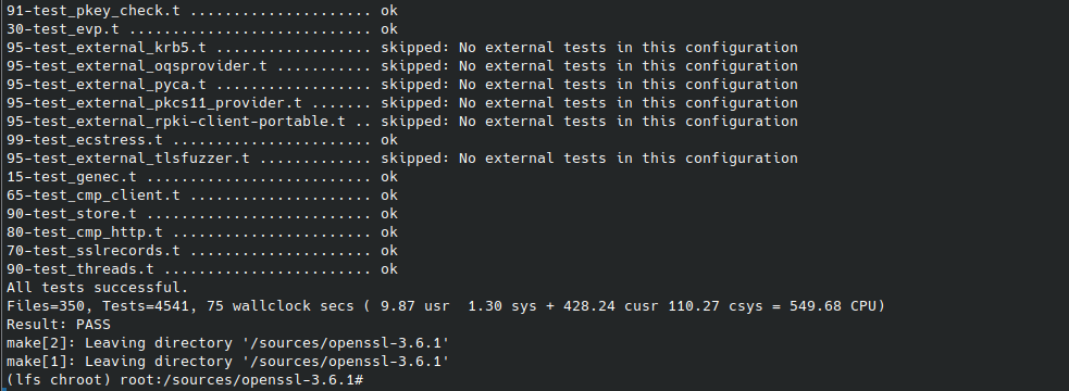 OpenSSL test suite. 4541 tests, Result PASS.