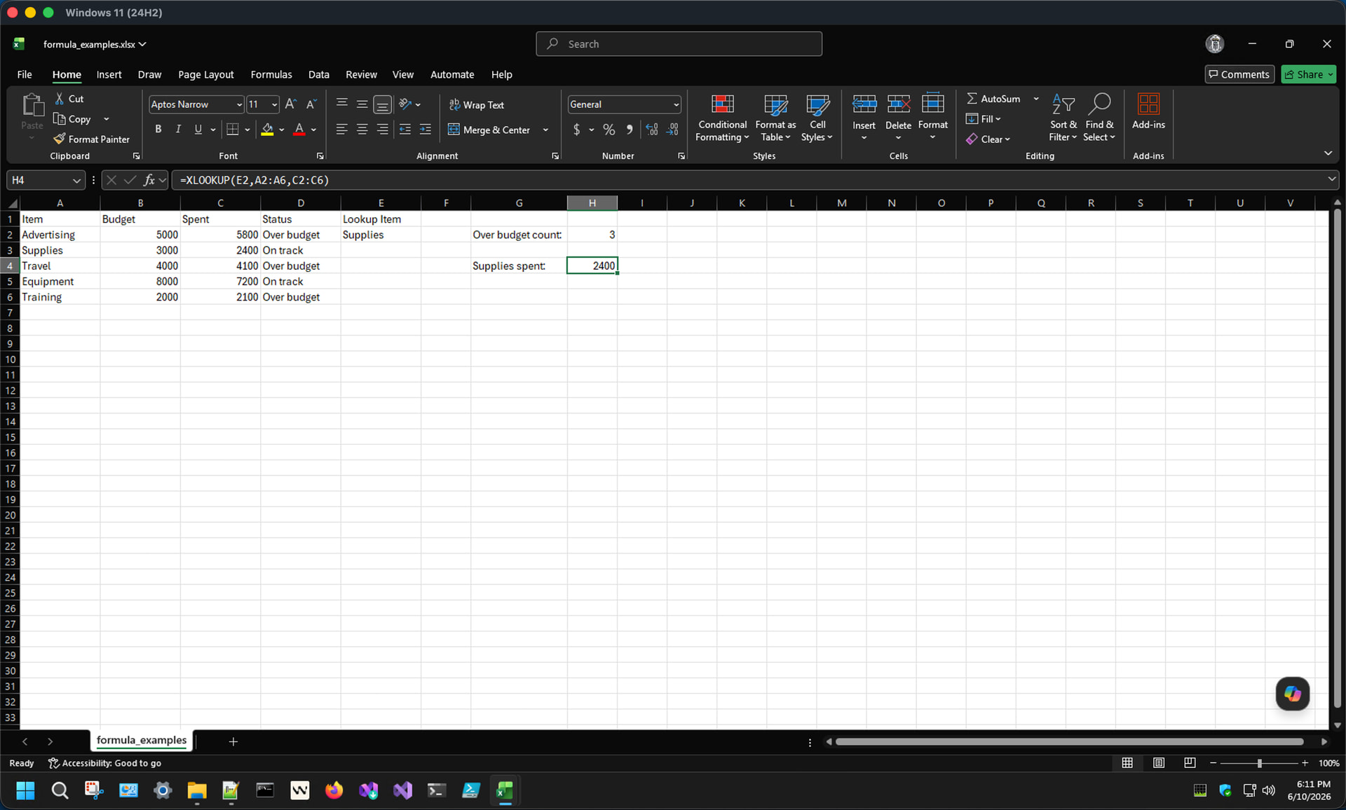 Examples of IF, COUNTIF, and XLOOKUP formulas with results shown in cells