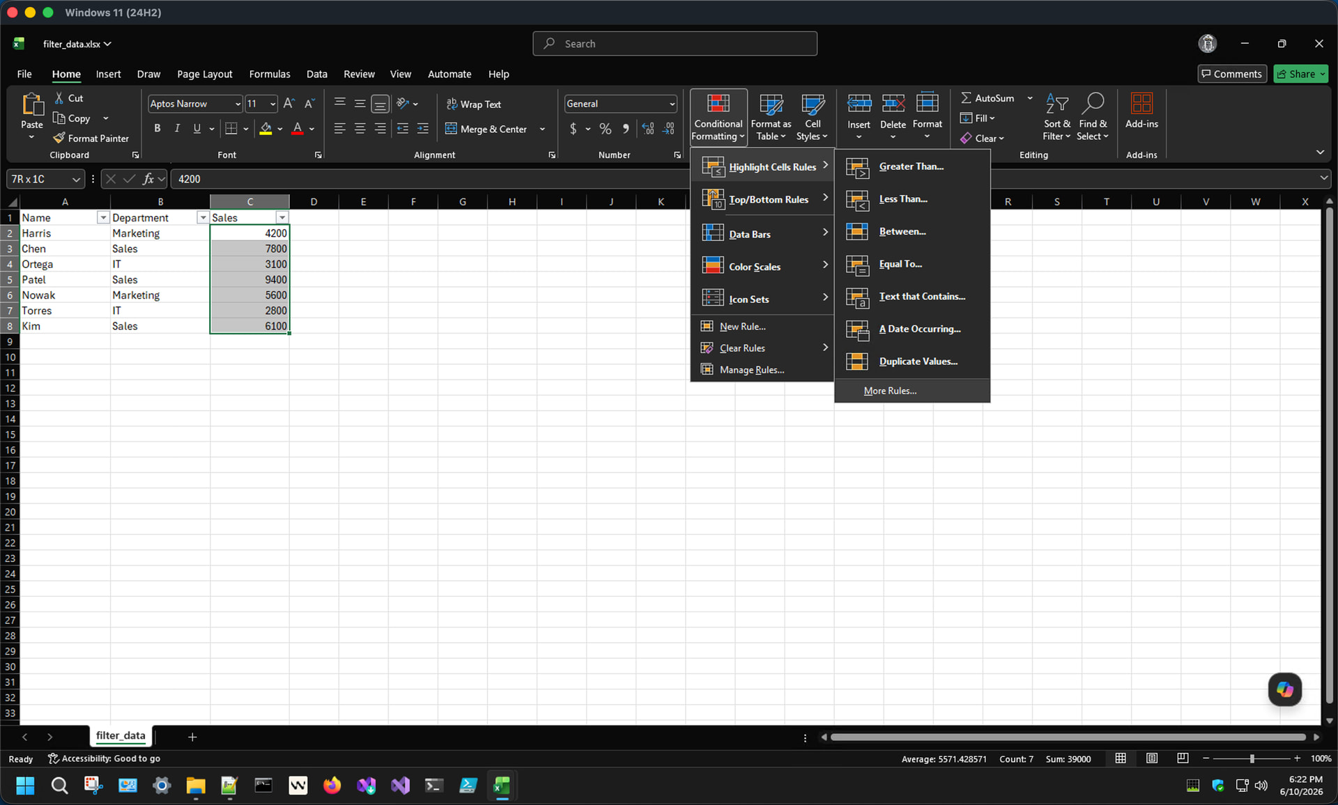 Home tab Conditional Formatting menu open showing Highlight Cell Rules submenu