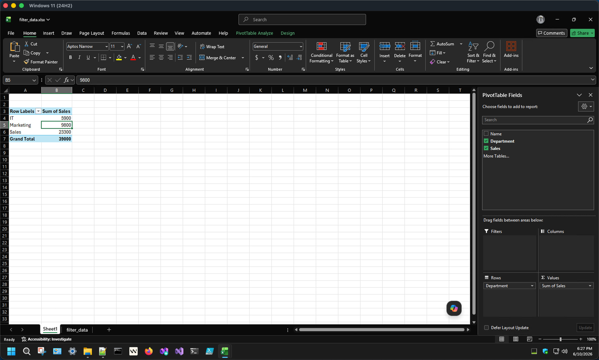 PivotTable field list on the right side of the screen with fields dragged into Rows, Values areas