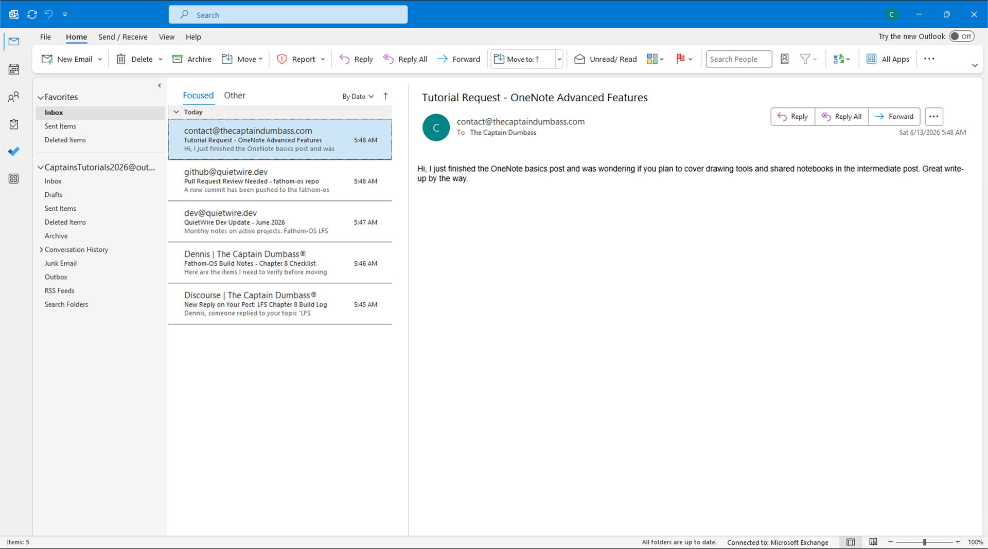 Outlook interface with folder pane, message list, reading pane, and bottom navigation icons labeled
