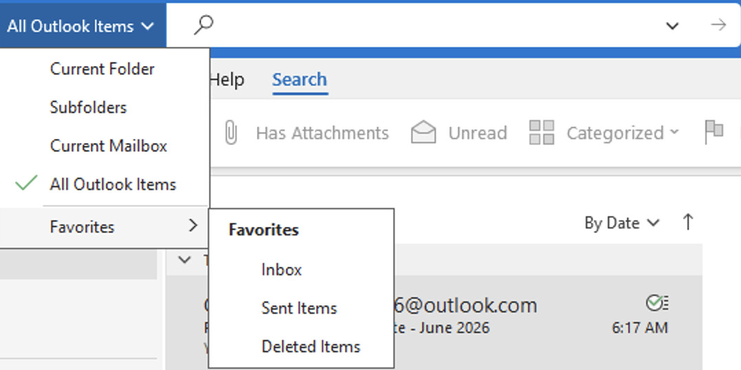 Search bar at the top of Outlook with the search scope dropdown visible