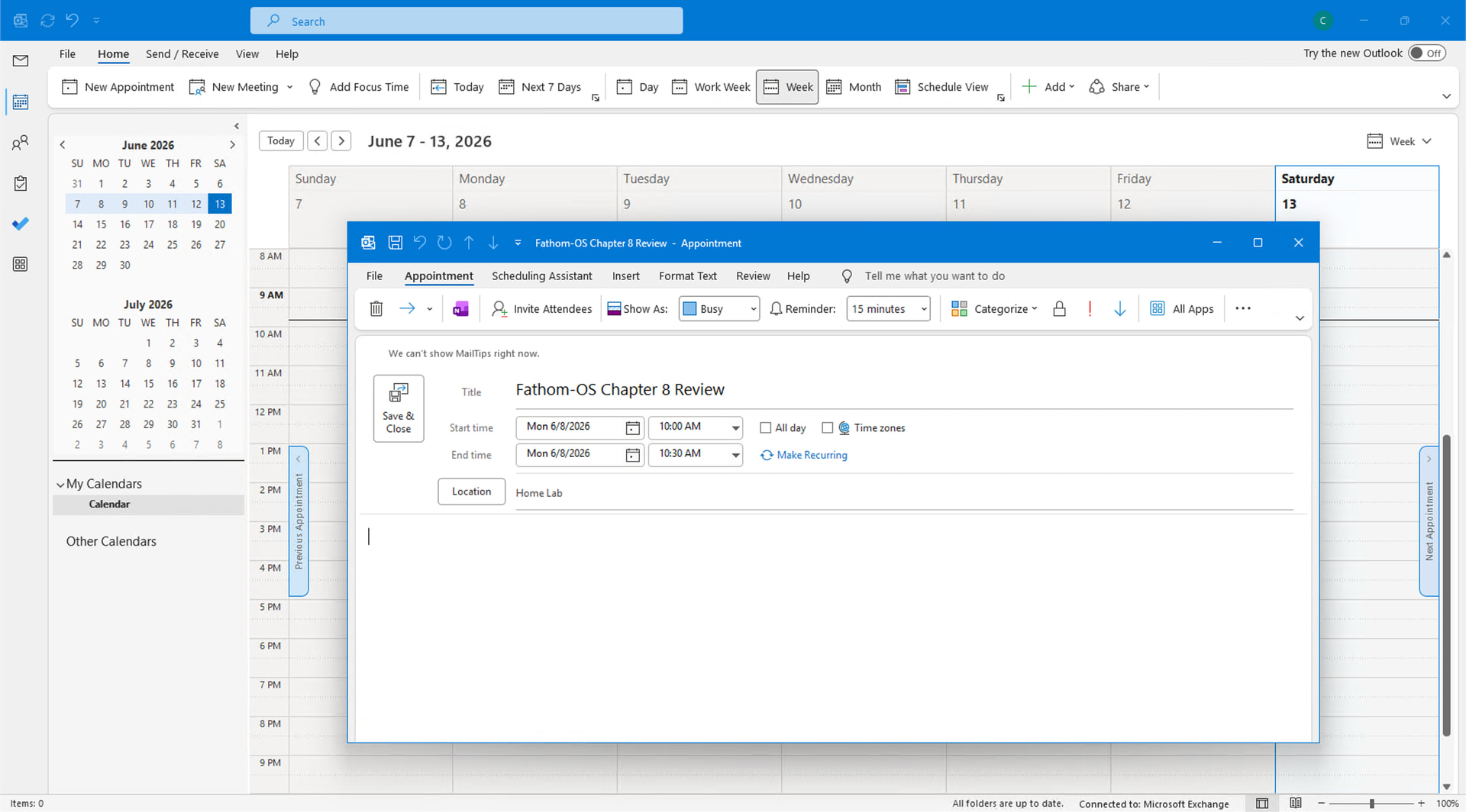 Calendar in Week view with a new event window open showing Subject, Location, and time fields