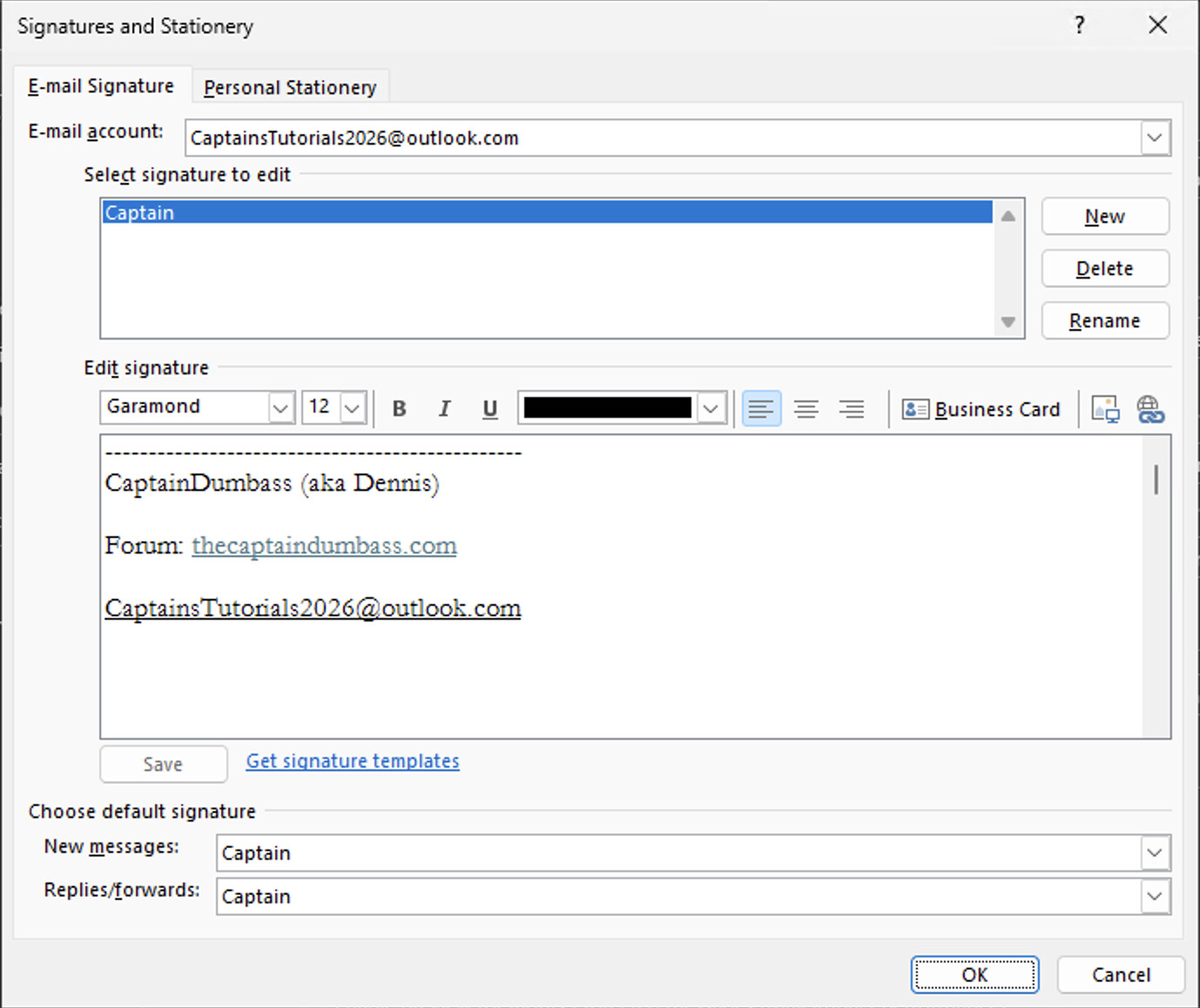 Signatures and Stationery dialog showing signature editor and Default signature dropdowns