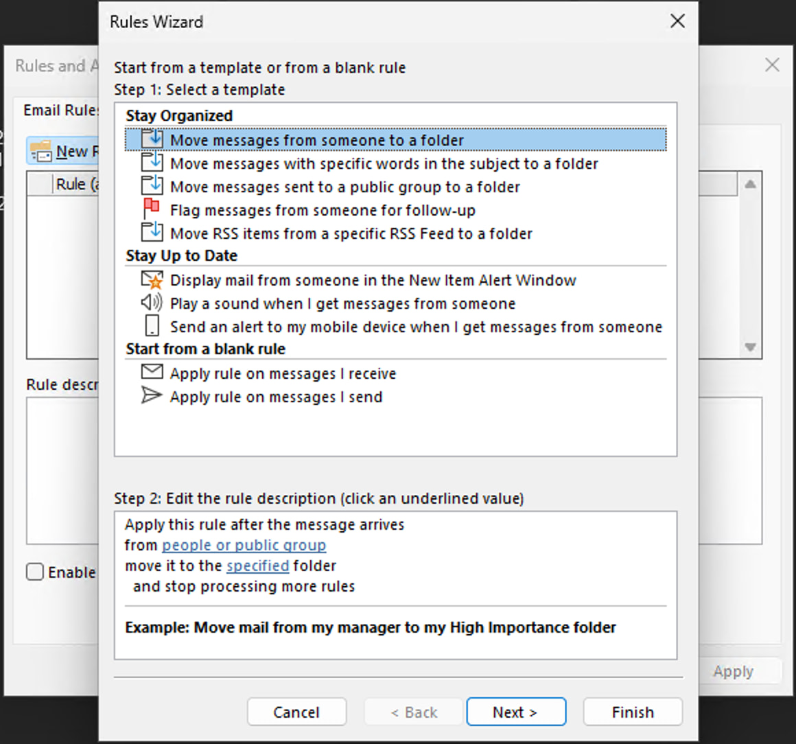 Rules and Alerts dialog showing the rule list and New Rule button, plus the rule wizard open on the first step
