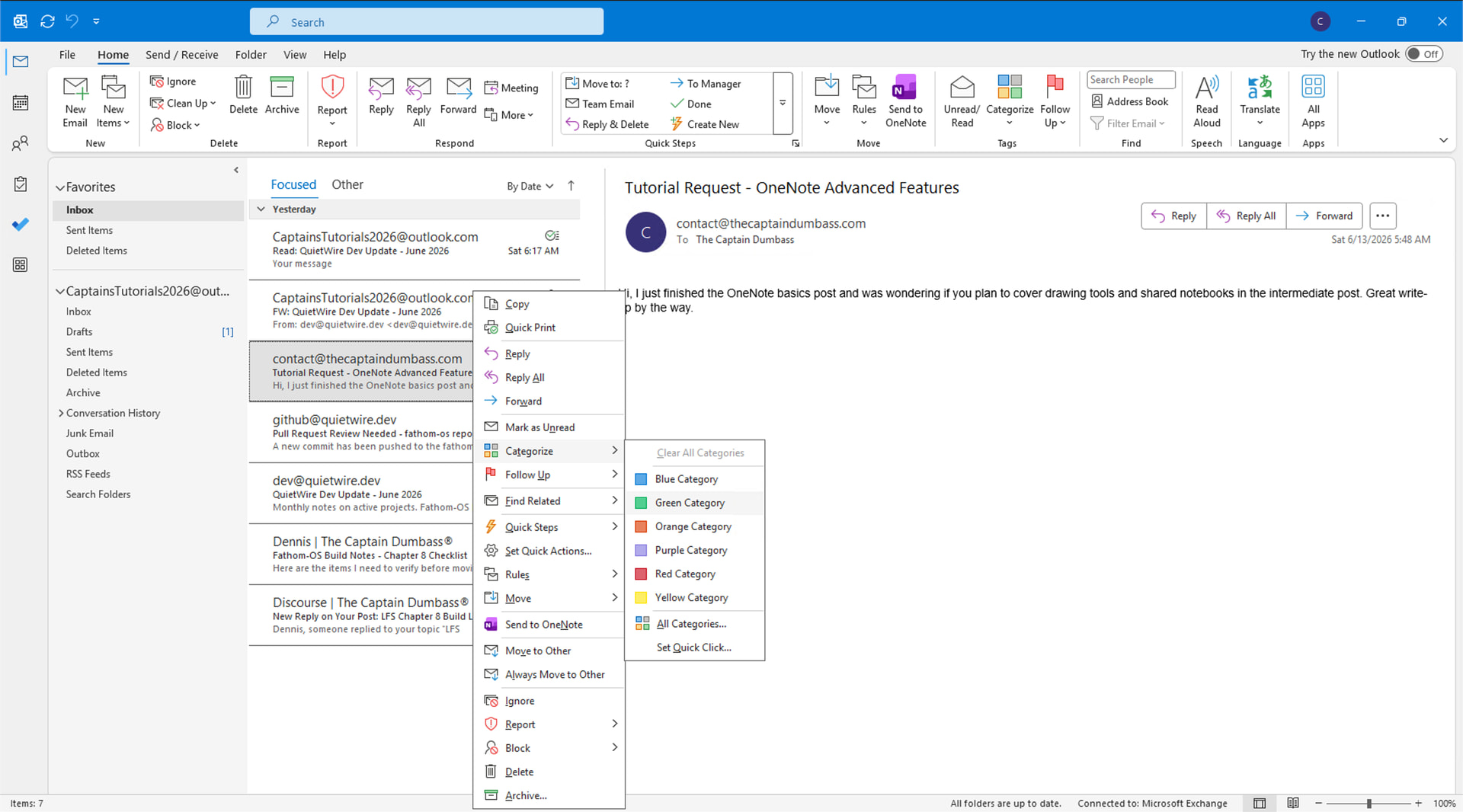Right-click context menu on an email with Categorize submenu open showing color options