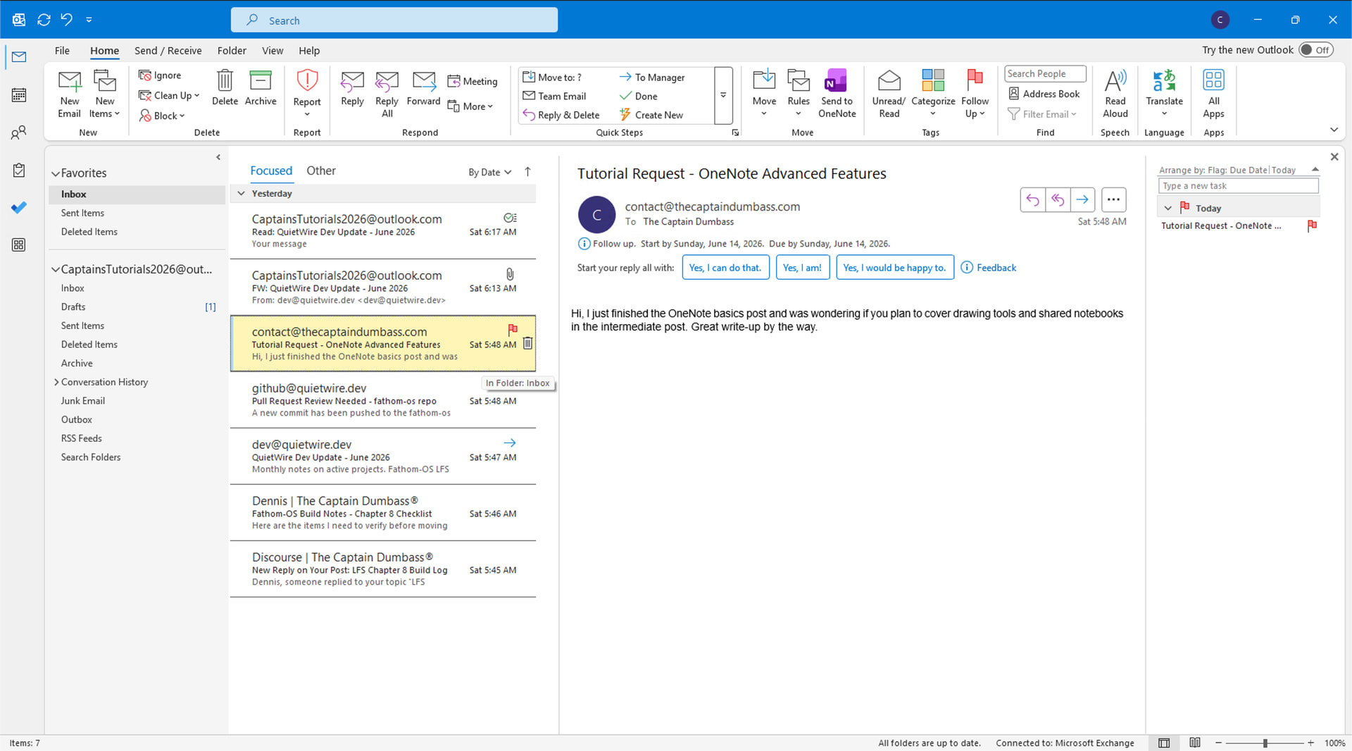 Email in message list with flag icon visible on the right, and To-Do Bar showing flagged items