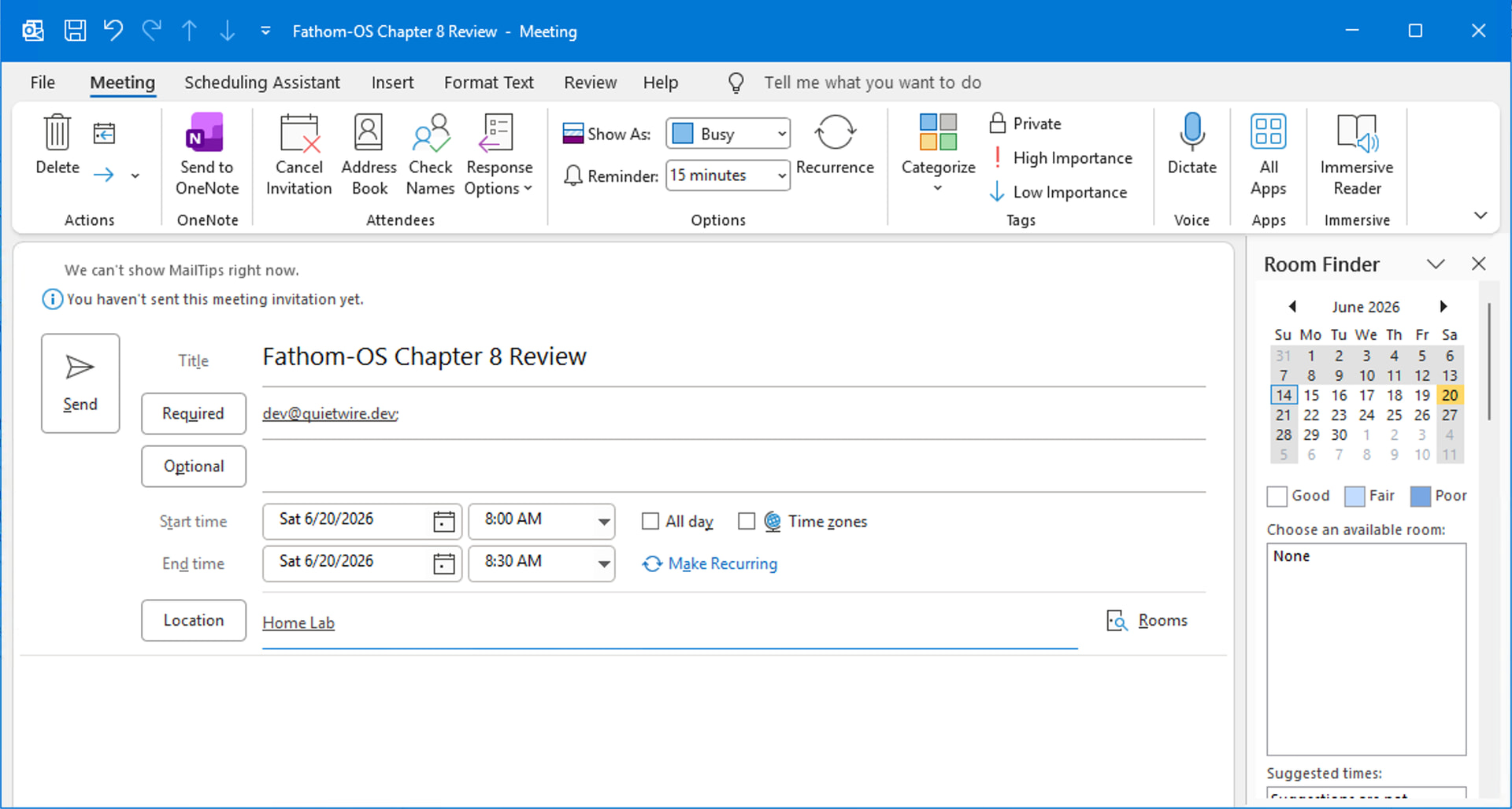 New Meeting window with To, Subject, Location, and time fields filled in, and Send button visible