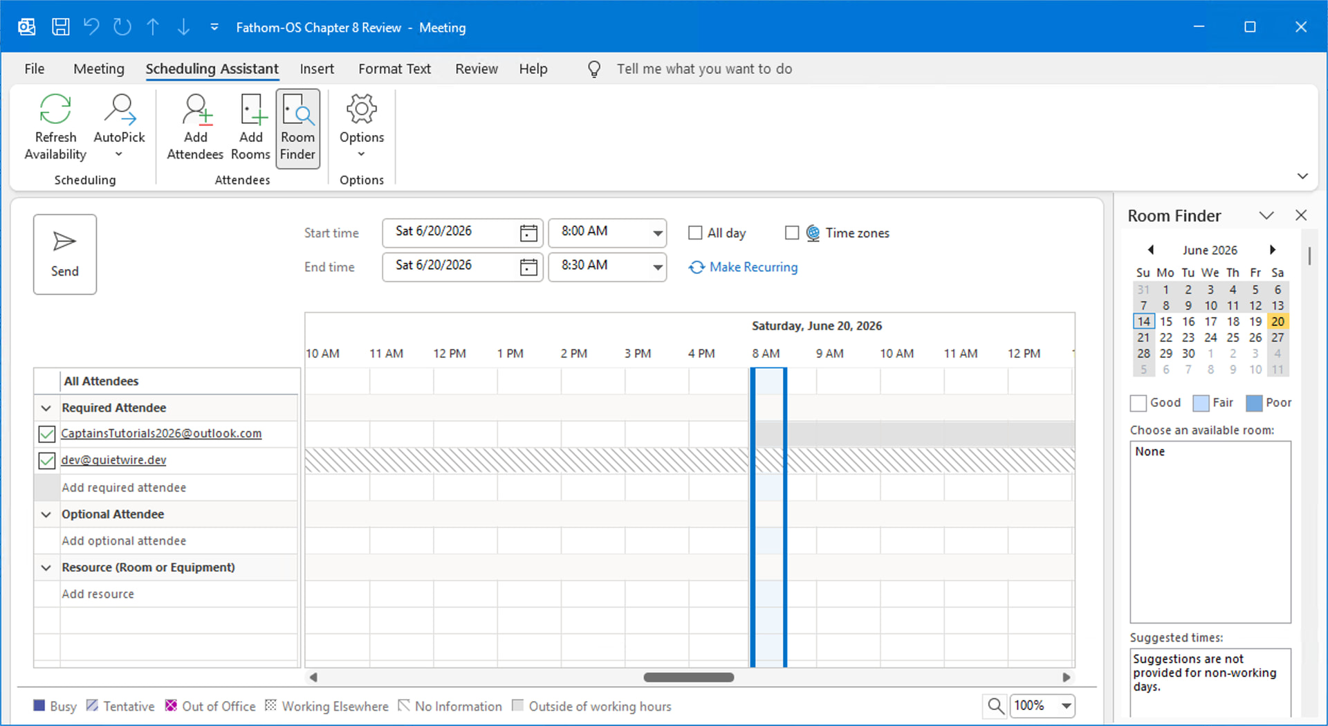 Scheduling Assistant view showing attendee availability grid with free and busy time blocks