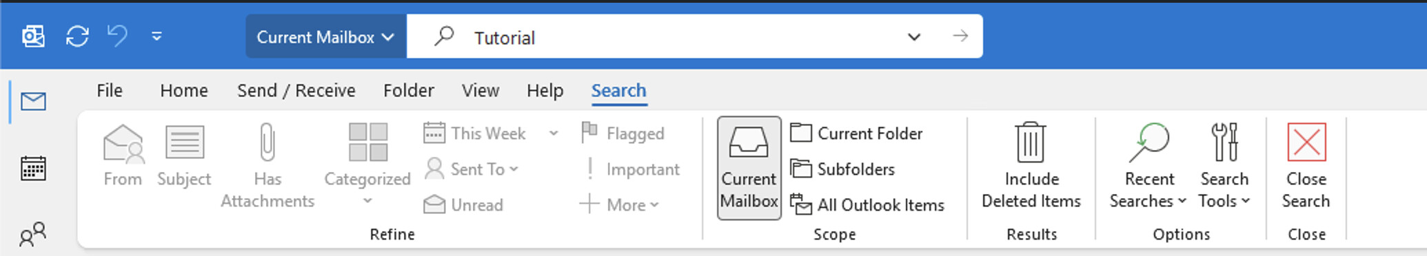 Search tab in ribbon showing From, Subject, Has Attachments, and Date filter buttons