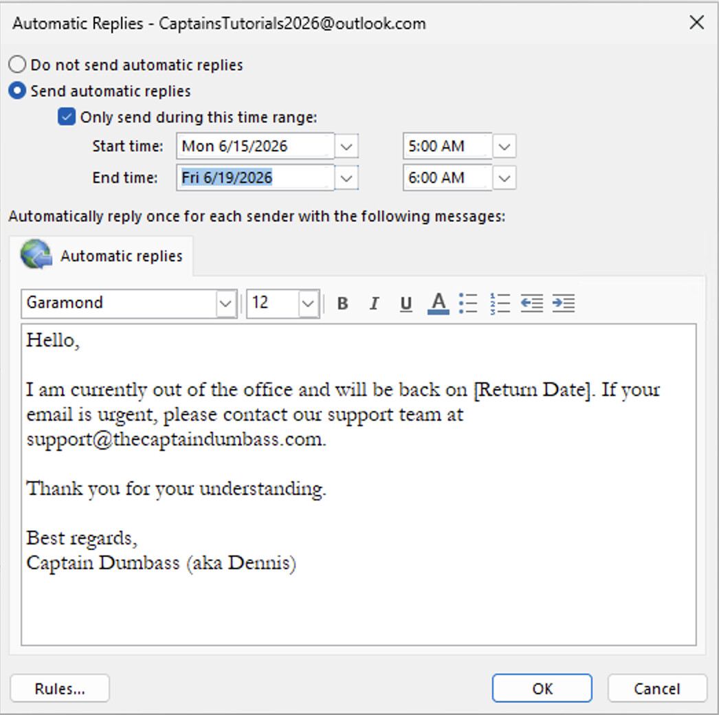 Automatic Replies dialog showing on/off toggle, date range fields, and message editors for inside and outside organization