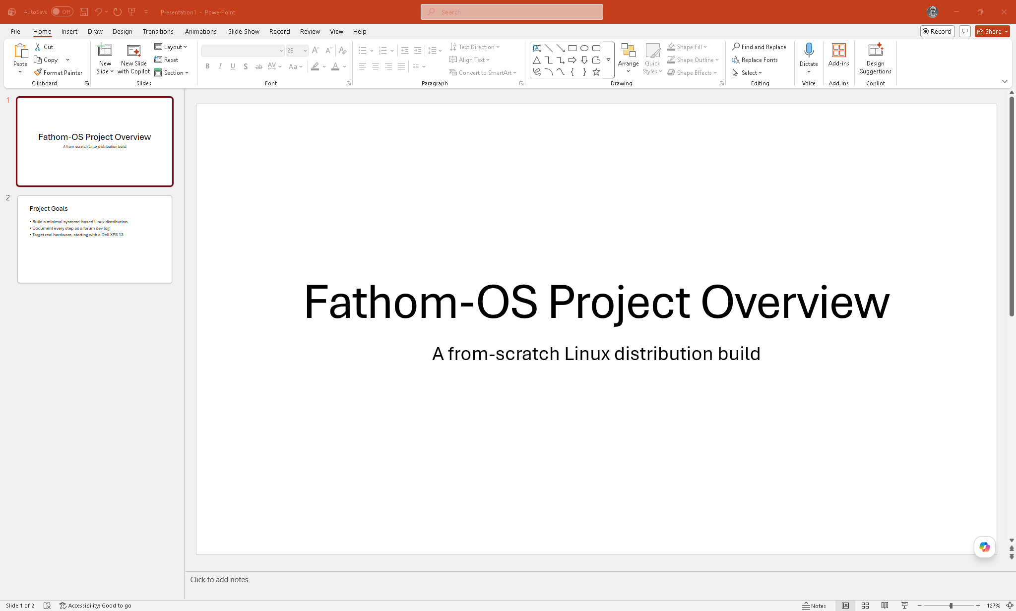 PowerPoint interface with slide panel, canvas, notes panel, and ribbon labeled
