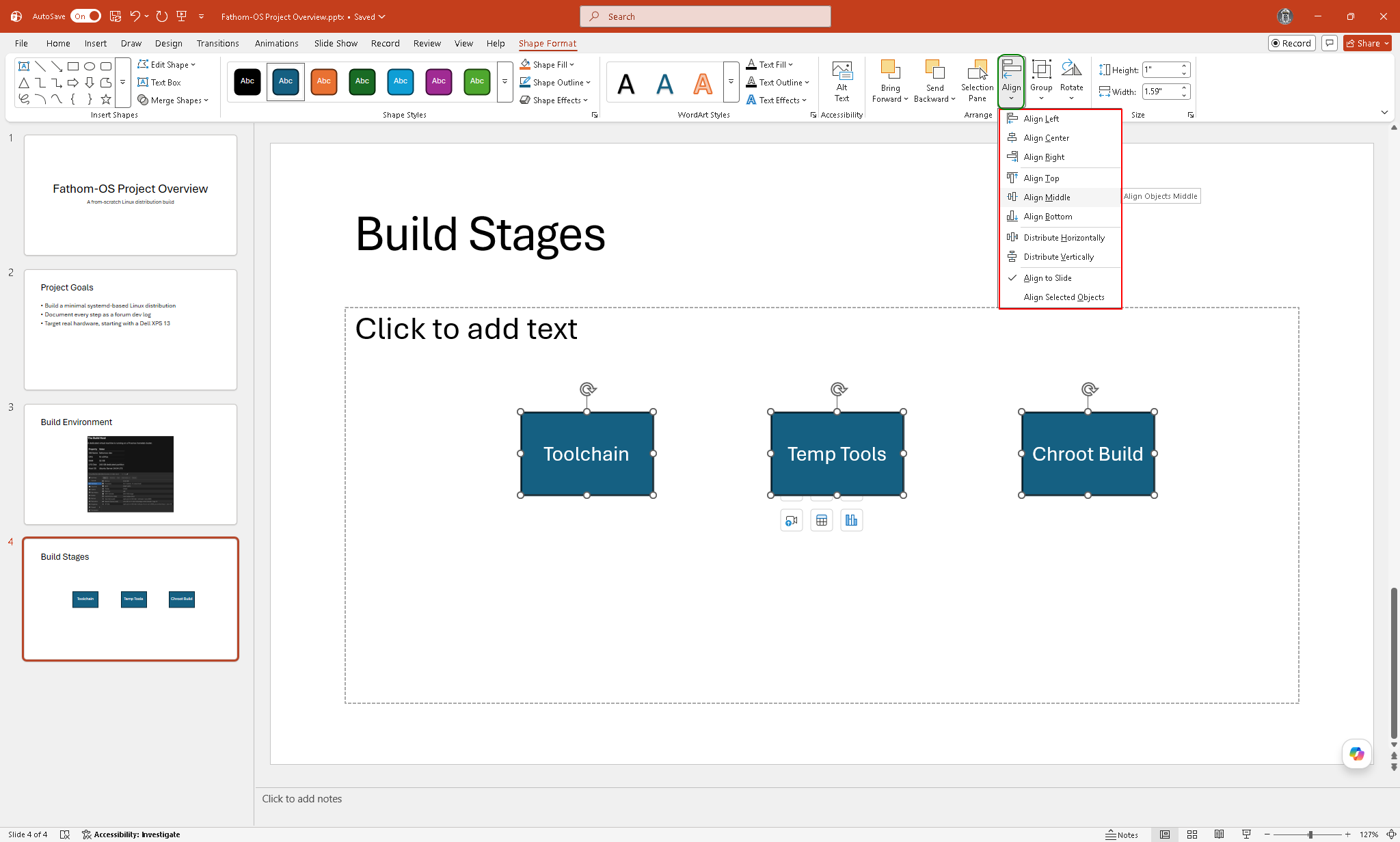 Shape Format tab with Align dropdown open showing alignment options