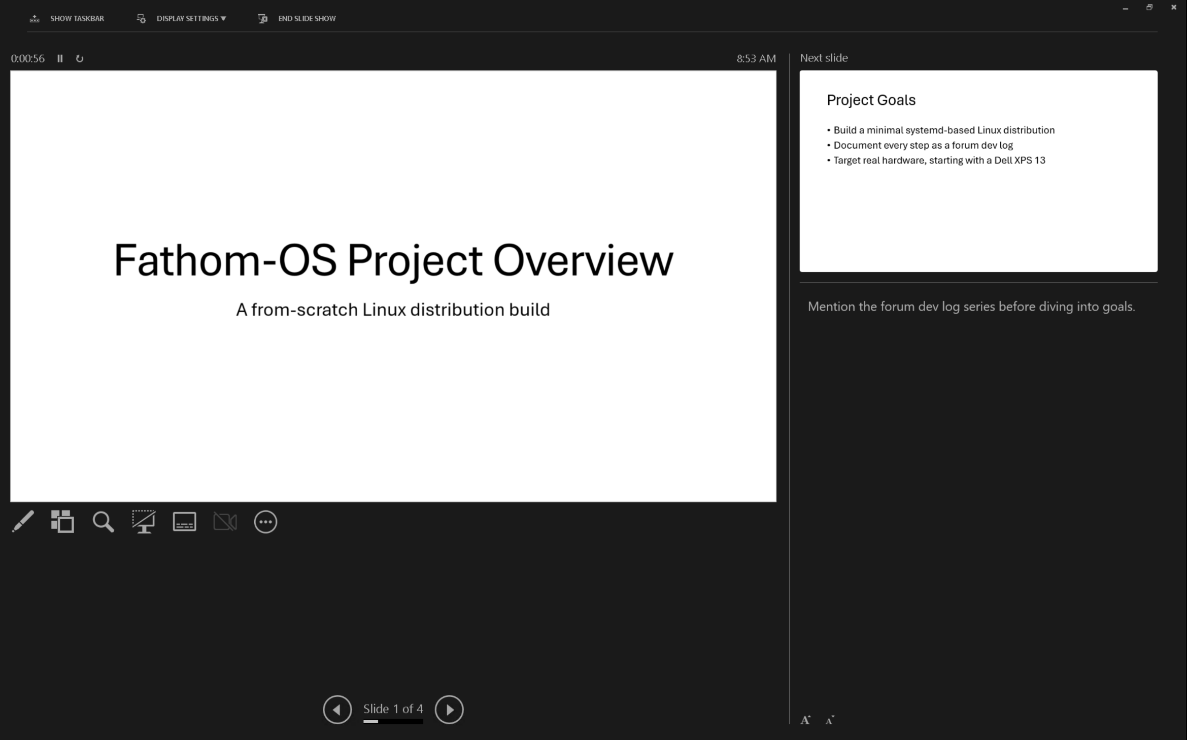 Presenter View showing current slide, notes panel, next slide preview, and timer