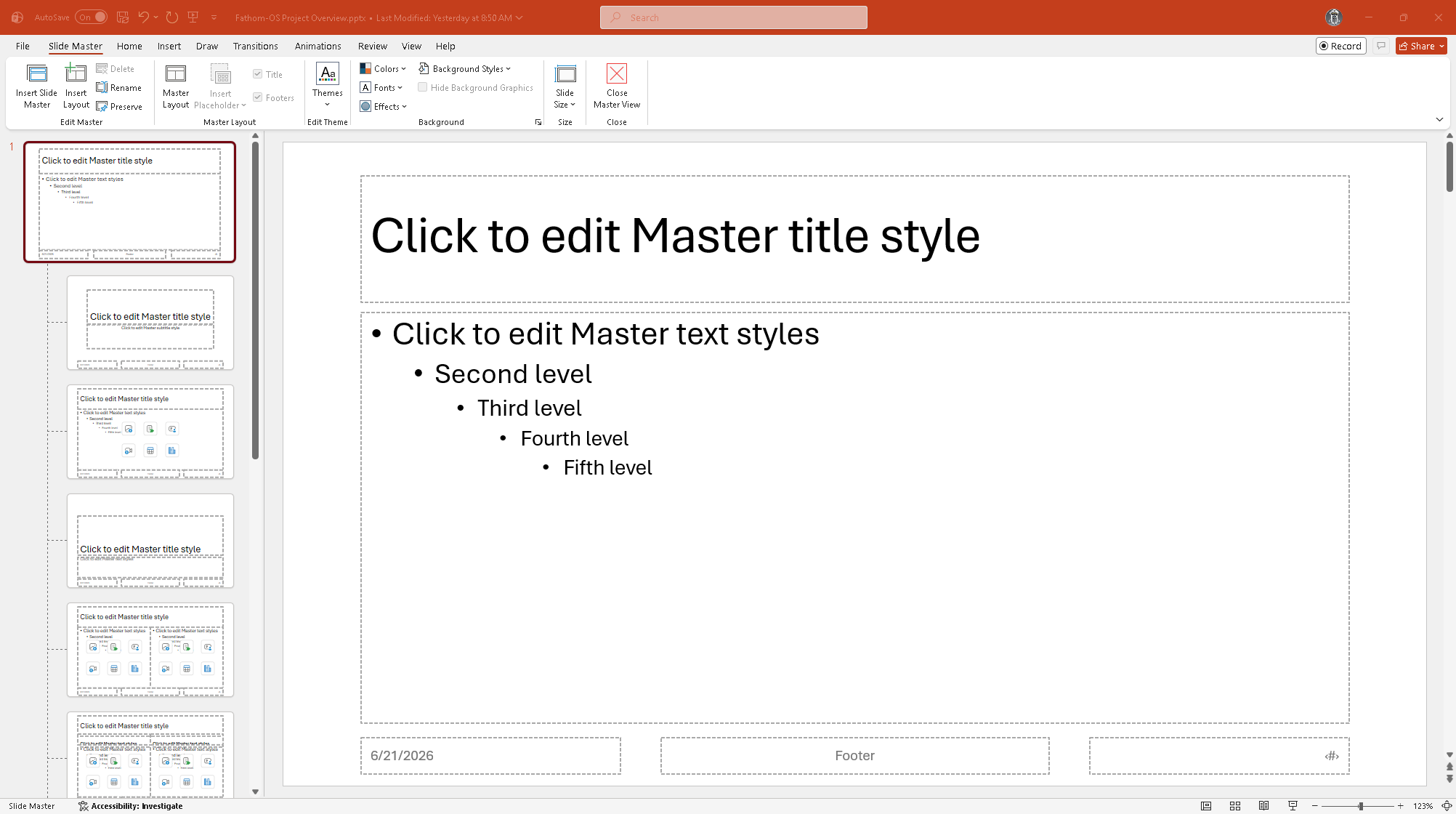 Slide Master view with master slide at top and layout slides below it in the panel