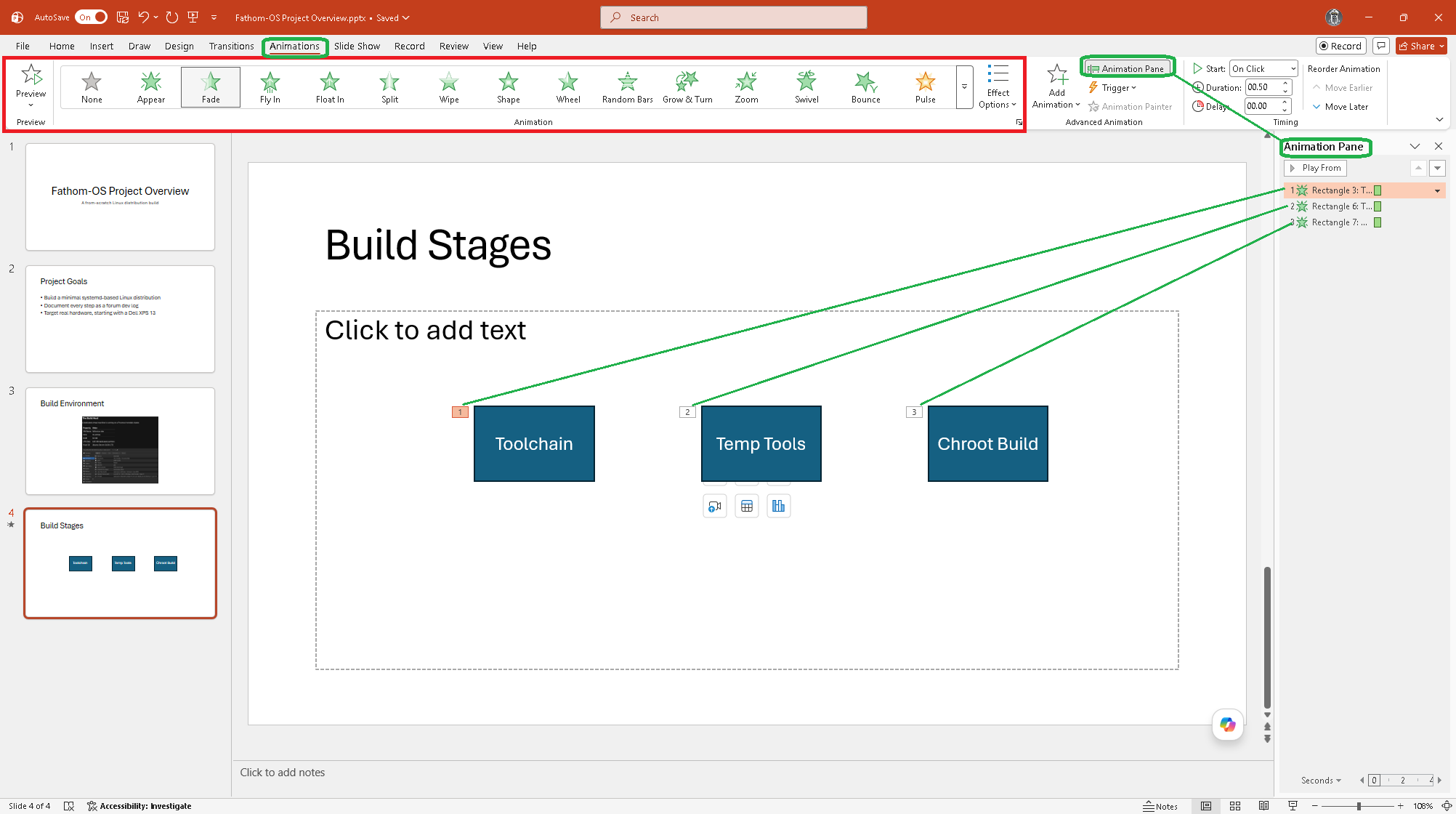 Animation Pane open on the right showing a list of animations with their trigger settings