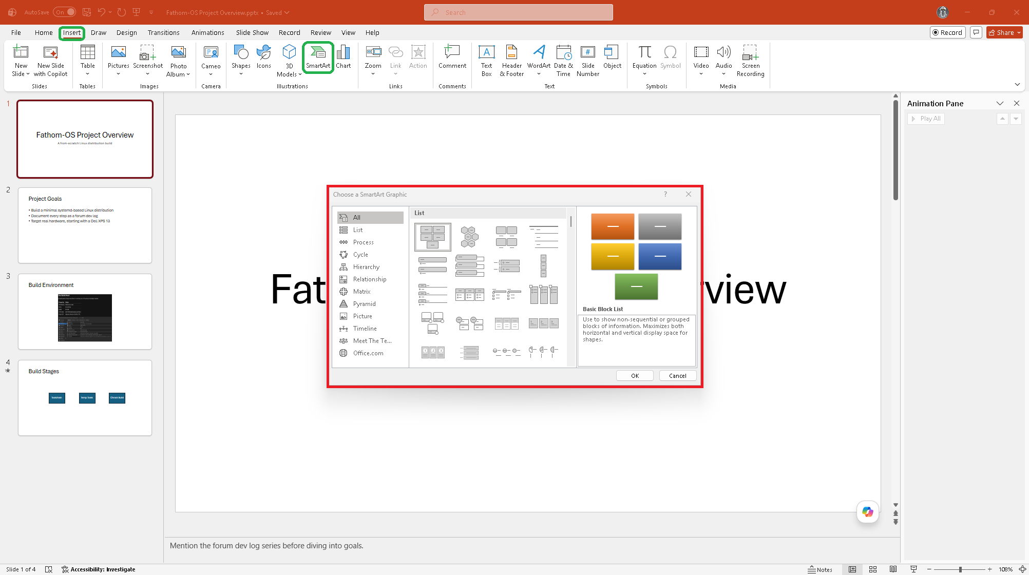 SmartArt dialog showing categories on the left and layout options on the right