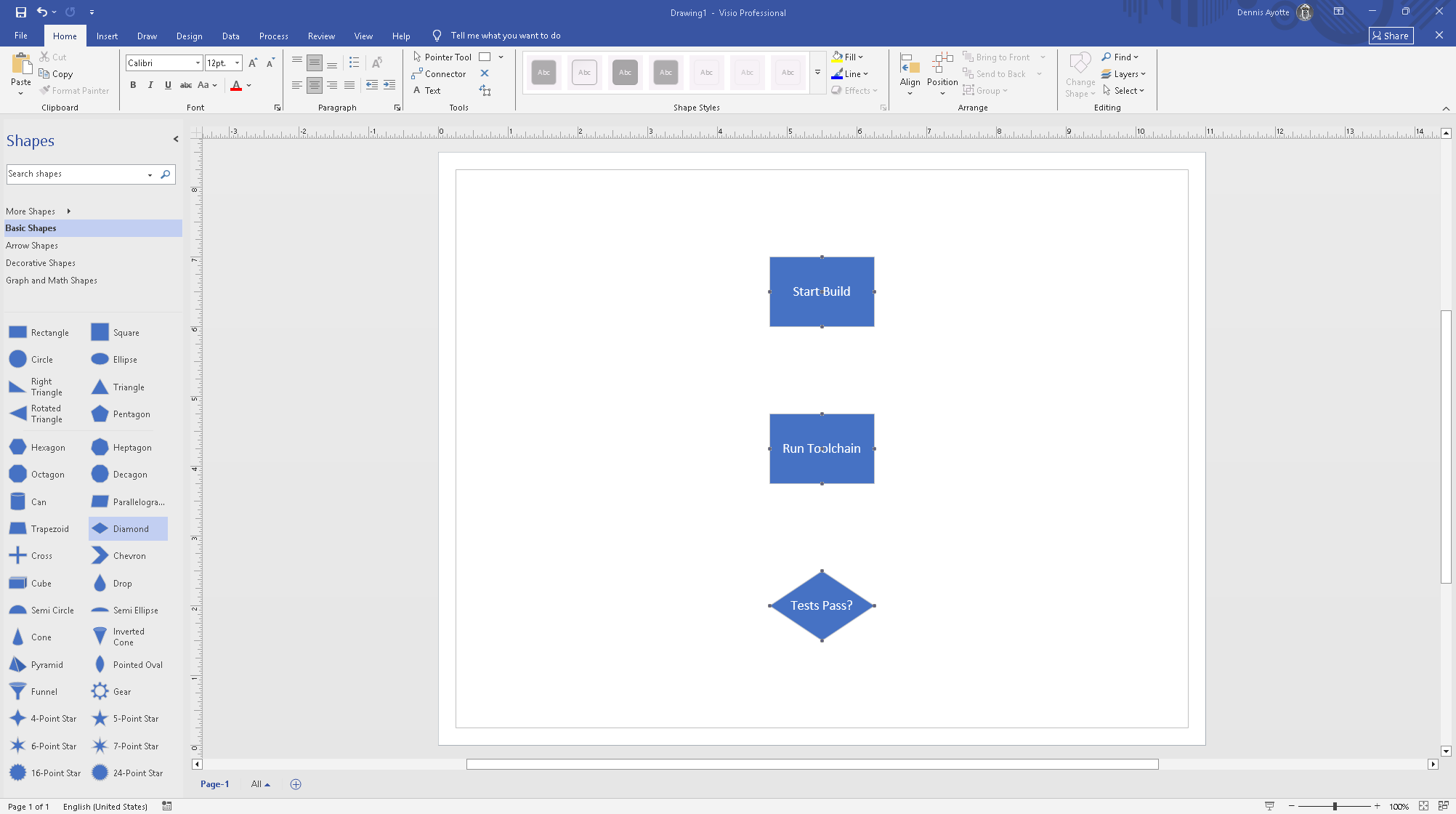 Visio interface showing the canvas in the center, Shapes panel on the left with stencils, and the ribbon across the top