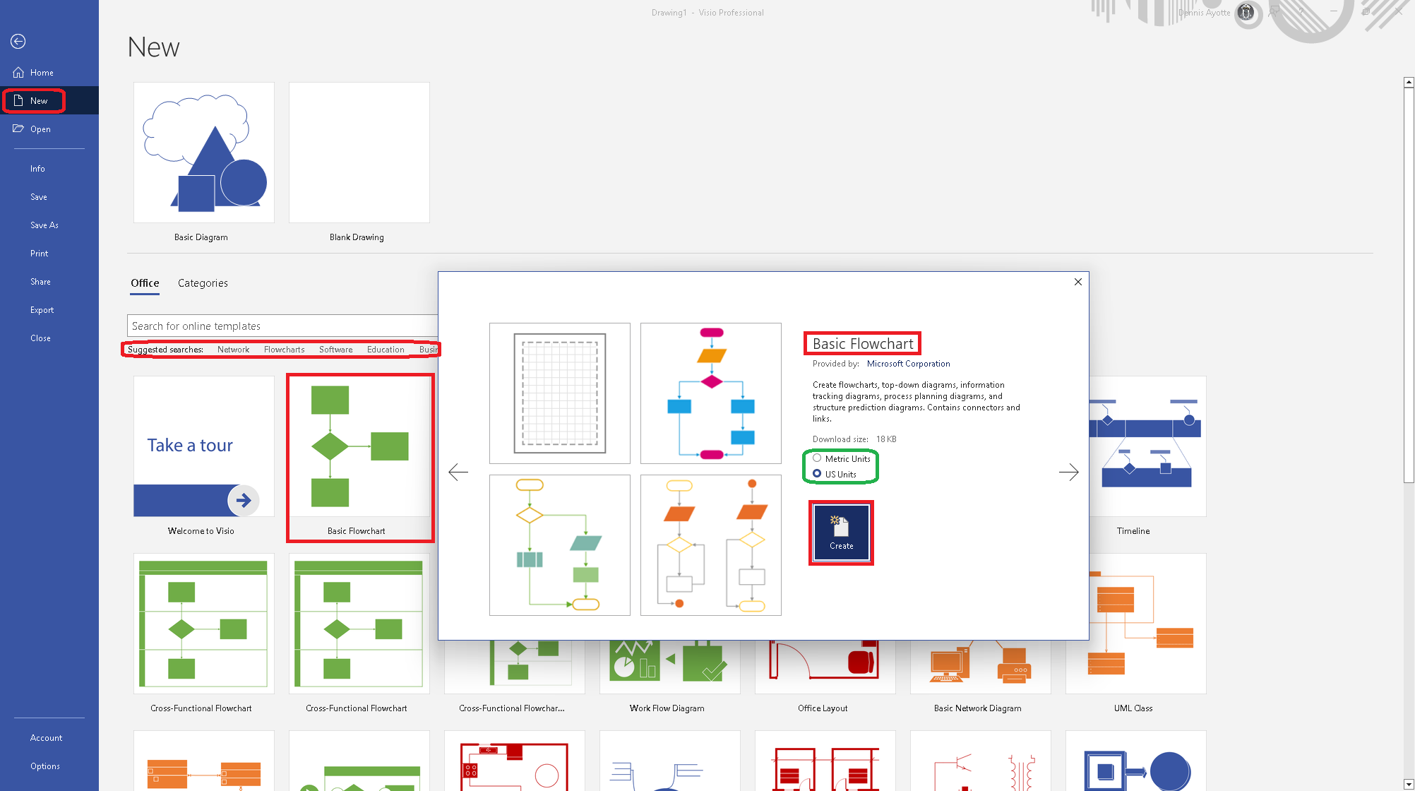 Template picker showing categories on the left and template thumbnails with Create button