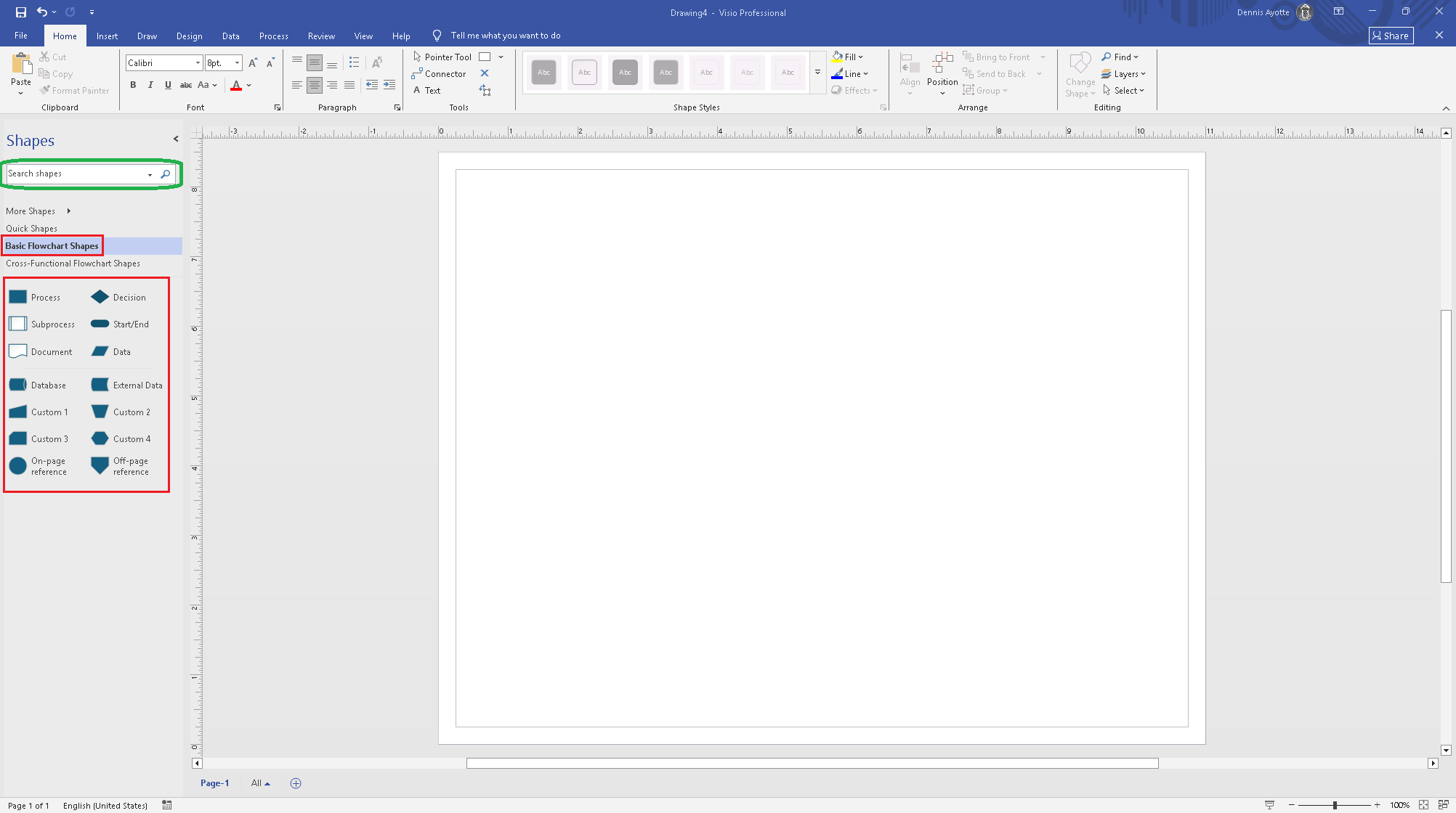 Shapes panel showing a stencil expanded with shape thumbnails, and the Search shapes box at the top