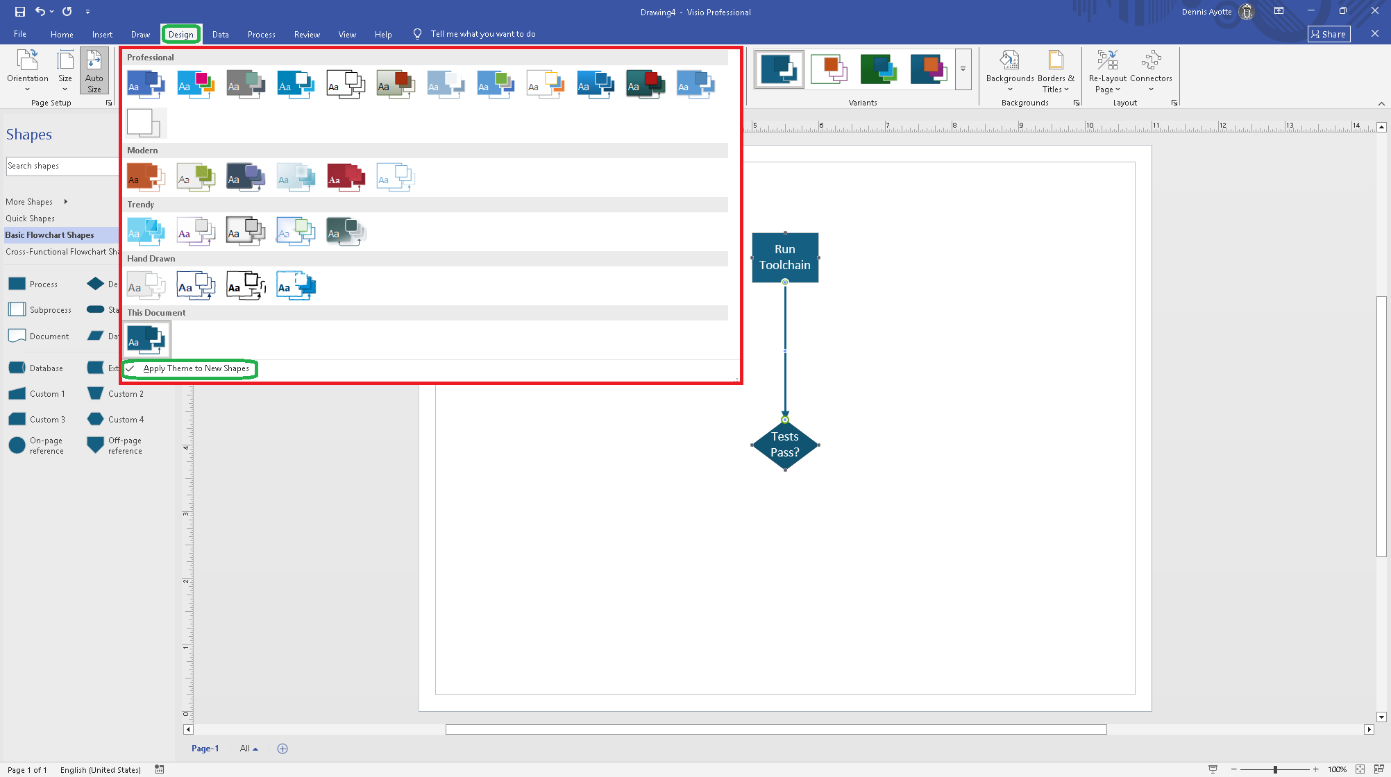 Design tab showing the Themes gallery with several color scheme options