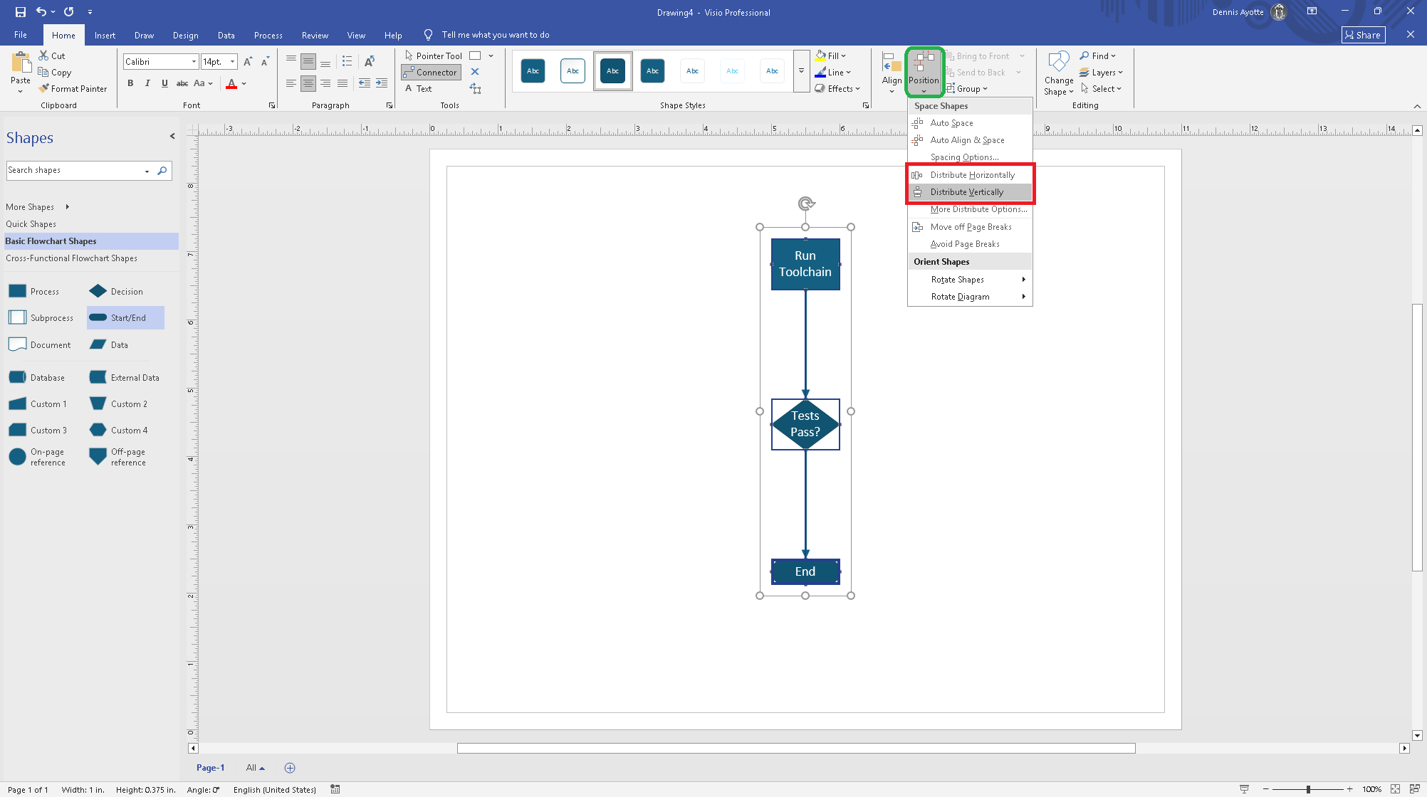 Home tab Arrange group showing Align and Distribute dropdown menus