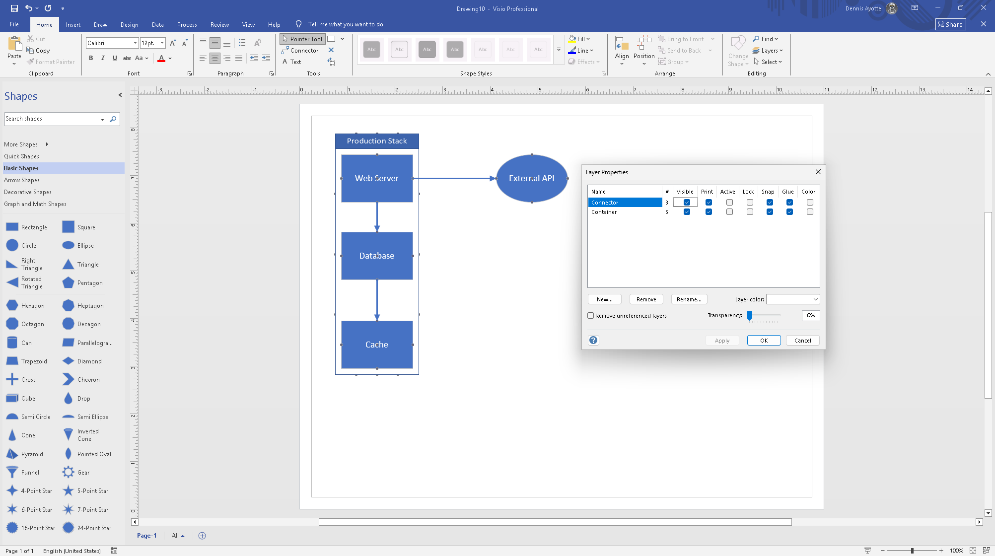 Layer Properties dialog showing layer names with their shape counts and the Visible, Print, and Lock property columns