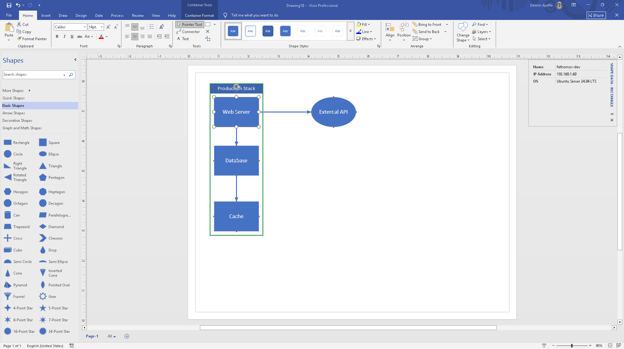 Shape Data window showing fields like Name, IP Address, and OS with values filled in for a server shape