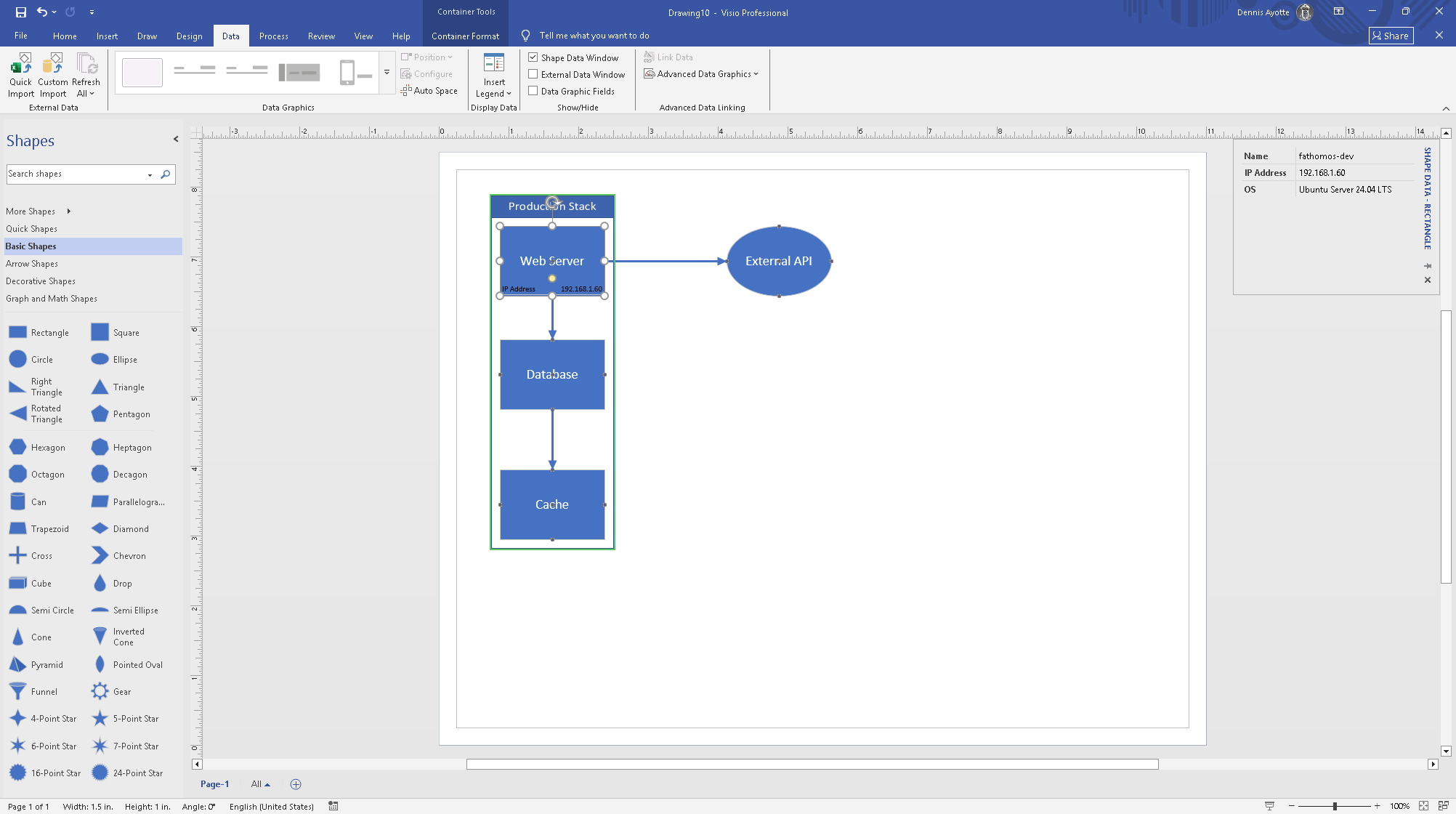 Data tab with the Advanced Data Graphics dropdown, and a shape showing a data graphic with a field value displayed