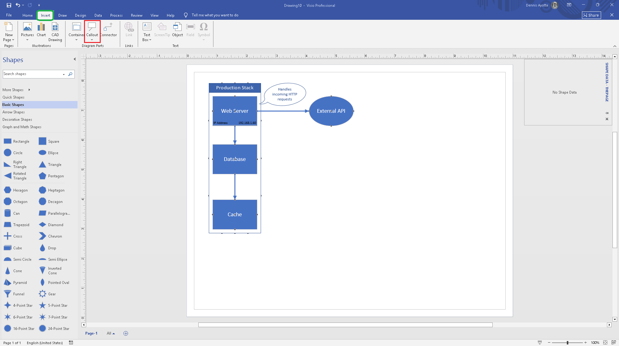 Shape with a callout bubble attached to it containing annotation text