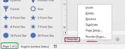 Multiple page tabs at the bottom of the Visio window with a right-click menu showing Insert, Rename, and other page options