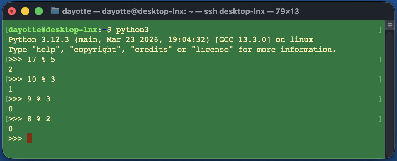 Python REPL showing modulo examples with output