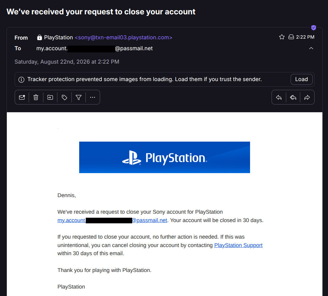 Email from PlayStation confirming my request to close my Sony account, with my personal email address redacted