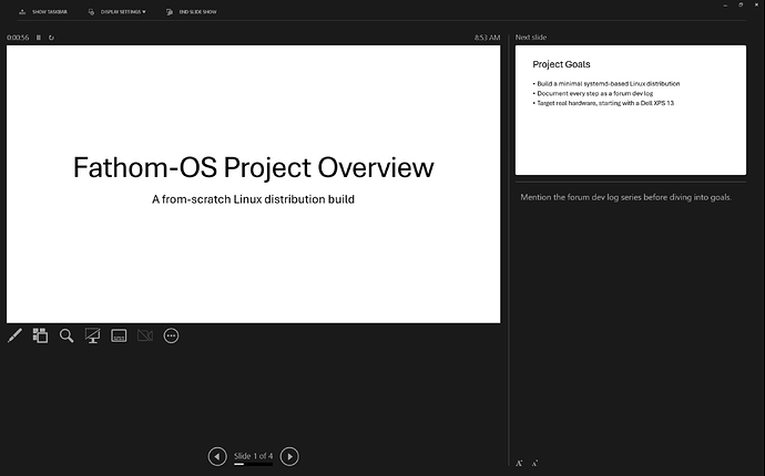 Presenter View showing current slide, notes panel, next slide preview, and timer