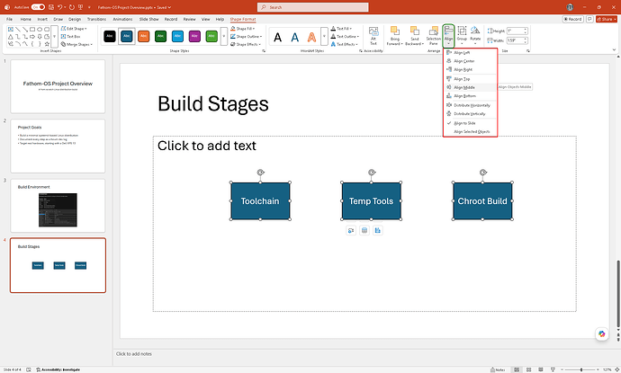 Shape Format tab with Align dropdown open showing alignment options