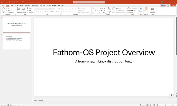 PowerPoint interface with slide panel, canvas, notes panel, and ribbon labeled
